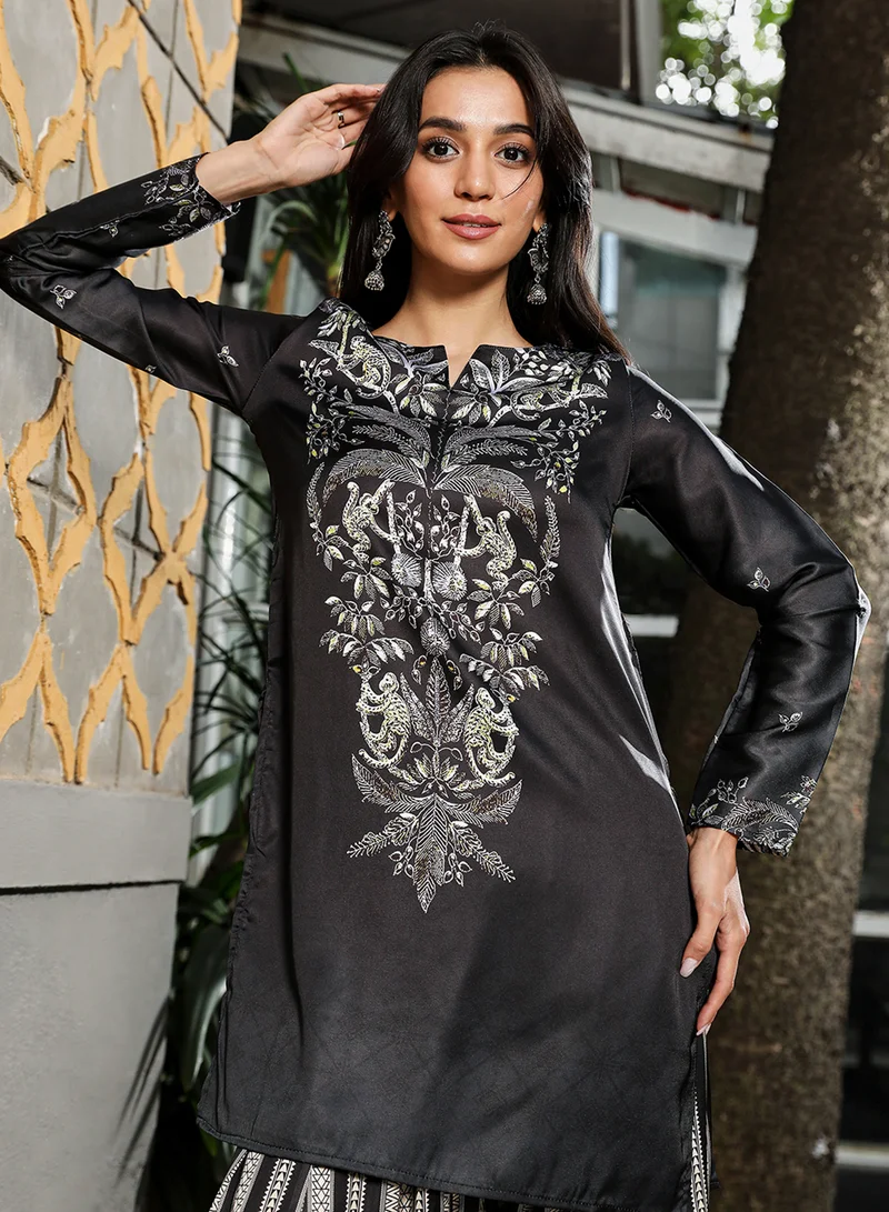 Qissa  Women's Midnight Black Ethnic Wilderness Kurti With Trousers & Dupatta For Casual Wear | Portrait Neck | Long Sleeve | 3 Piece Kurta Set Designed With Comfort Fit For Everyday Ethnic Wear for Women | Best Price UAE